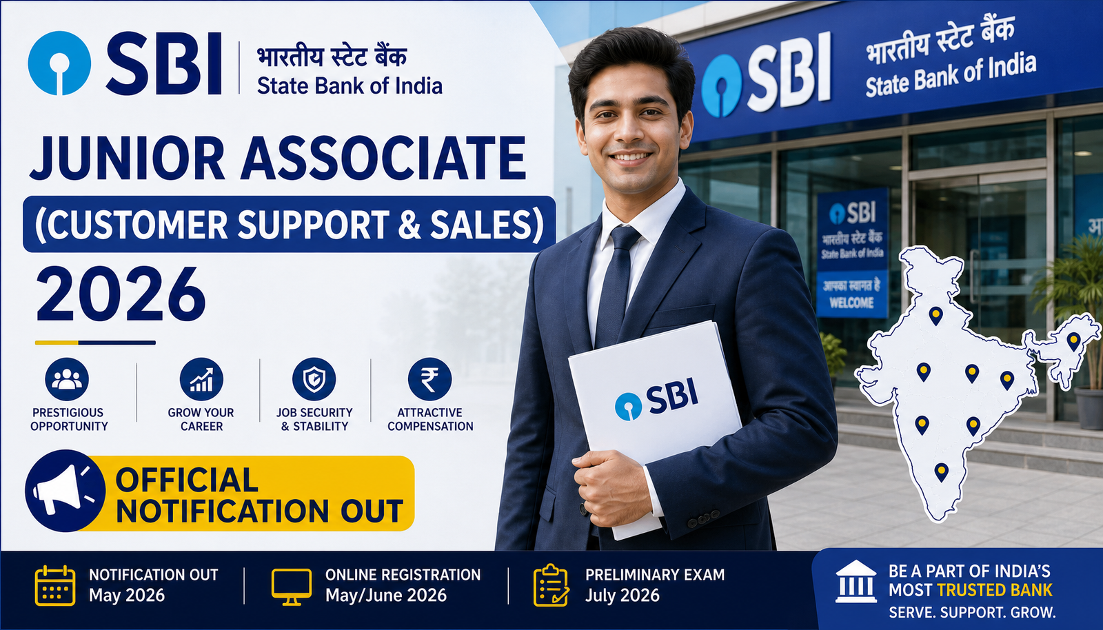 SBI Junior Associate (Customer Support & Sales) Recruitment 2026 — Apply Online, Age Limit, Salary